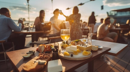 People eating cheese and drinking wine at rooftop restaurant at sunset time. Generative AI
