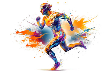 Athletic man runs doing sports on a white background with an explosion of colored paint. Healthy lifestyle concept. Generative ai