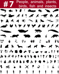 Wall Mural - Set # 7. Big collection of collage vector silhouettes of people, animals, birds, fish, flowers and insects