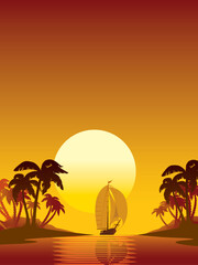 Poster - Summer scene: sailing yacht, sunset and island with palms