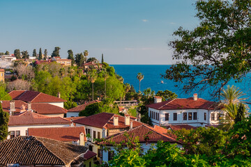 Wall Mural - Aerial view of the old town of Kaleiçi in the Turkish city of Antalya. View of old houses in the popular tourist area of Antalya.