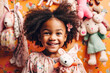 © Trinette Reed - Portrait of adorable Black little girl in her room with stuffed animals. Generative AI.