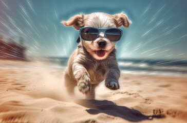 Wall Mural - cute small dog wearing sunglasses and running on a beach