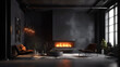© StockSavant - Dark living room loft with fireplace, industrial style,