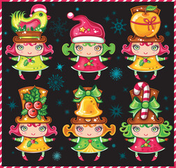 Sticker - Vector set of a cute Christmas girls wearing santa hats and top-hats with holiday decoration: Christmas bird,  glittering star, sweet apple, christmas holly,  golden jingle bell, candy-cane. Isolated 