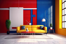 Modern Yellow Couch And White Door In A Colorful Apartment With Bright, Cobalt, Yellow, Red Walls. Bright Sunlight, Large Windows. Living Room In Bauhaus Style Interior. 3d Illustration, Generative AI