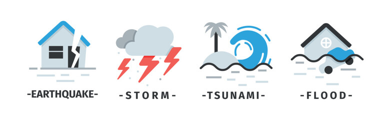 Natural Disaster Icons with Earthquake, Storm, Tsunami and Flood Vector Set