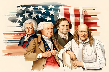 Wall Mural - 4th july independence day American figures who signed the declaration of independence and eagles on the background of flag.