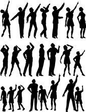 Set Of Editable Vector Silhouettes Of People Looking And Pointing Upwards