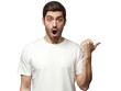 © Damir Khabirov - Young surprised man in white t-shirt pointing right with his finger, shouting WOW. Shock content
