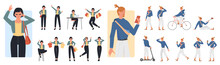 Poses Of Young People Set Vector Illustration. Cartoon Isolated Male And Female Characters Standing, Walking And Jumping With Shopping Bags, Hipster Riding Electric Scooter And Bike, Drinking Coffee