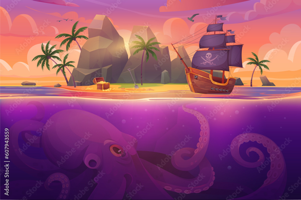 Tropical island landscape with pirate ship and giant underwater octopus ...
