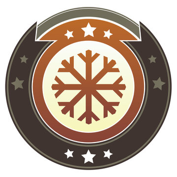 Snowflake or winter icon on round red and brown imperial vector button with star accents suitable for use on website, in print and promotional materials, and for advertising.