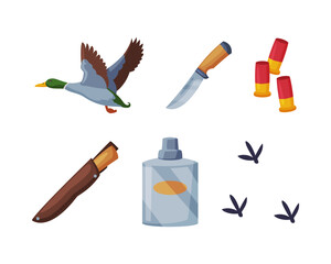 Poster - Hunting with Mallard Duck, Knife, Bullet, Flask and Trace Vector Set