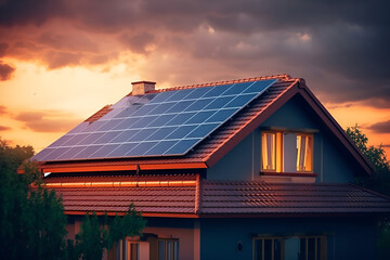 Wall Mural - solar panels on the roof of a house in the mountains at sunset.alternative energy sources.generated by ai Generative AI