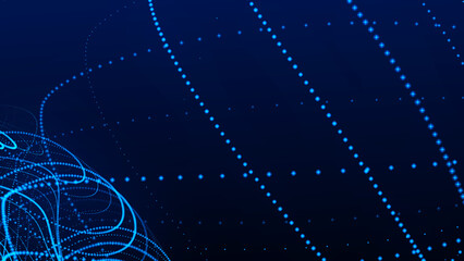 Poster - Dynamic wave of glowing particles. Data flow information. Concept of digital communication. Technology or Science Banner. Big data visualization. 3D rendering.