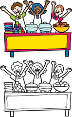 Wall Mural - Cartoon image of servers at a buffet table with blank banner - both color and black / white versions.