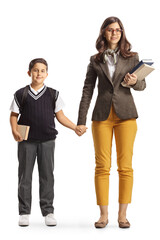 Poster - Full length portrait of a female teacher holding hand with a schoolboy