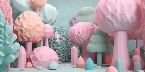 Poster - an image created digitally depicting a scene in the countryside, complete with trees, shrubs, and rocks Generative AI