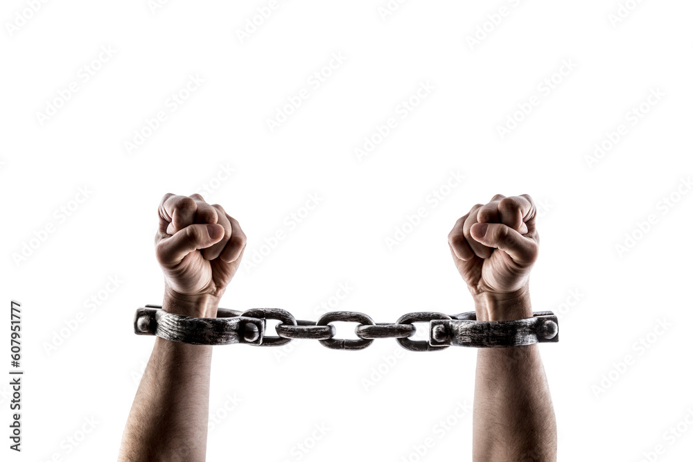 Shackled hands isolated on white background with clipping path Stock ...