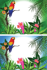 Illustration of a tropical scene with flowers and a parrot