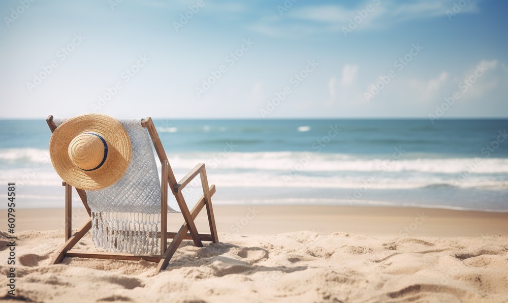 a beach chair with a straw hat on top of it. generative ai Stock ...
