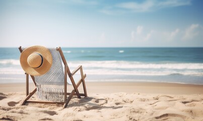 a beach chair with a straw hat on top of it. generative ai