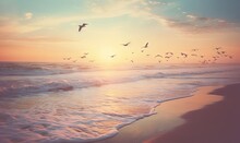  A Flock Of Birds Flying Over The Ocean At Sunset Or Sunrise.  Generative Ai