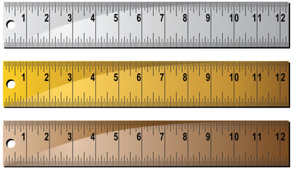 Wall Mural - Set of 3 metal/wooden rulers with hole punch at end.  Rulers measured in inches with centimeter dashes.