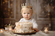 Portrait of an adorable little boy wearing a prince crown celebrating his first birthday, luxury, cake and pastel studio decor. Generative AI.