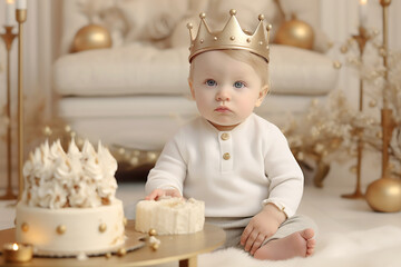 Portrait of an adorable little boy wearing a prince crown celebrating his first birthday, luxury, cake and pastel studio decor. Generative AI.