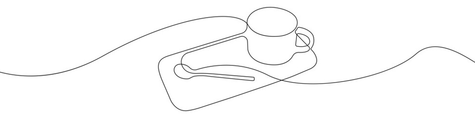Poster - Breakfast set line continuous drawing vector. One line Coffee on a stand vector background. Spoon and coffee on a stand icon. Continuous outline of a Dessert set. 