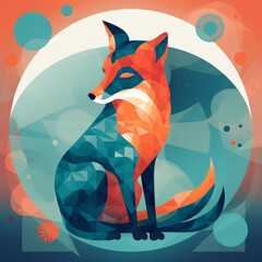 Wall Mural - a red fox sitting on top of a blue and orange background low poly style illustration generative ai