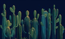  A Group Of Green Cactus Plants In A Row On A Black Background.  Generative Ai