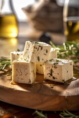 Wall Mural - Feta cheese cubes garnished with olive oil and oregano