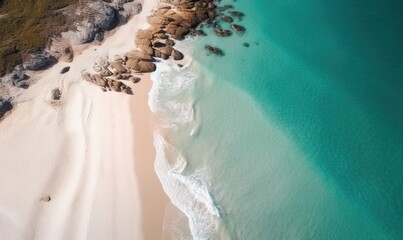 Poster -  an aerial view of a beach and a body of water.  generative ai