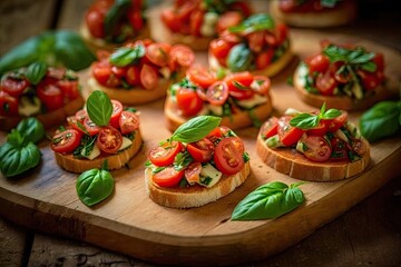 Tasty bruschetta with tomato. Easy cook, nutritious snack. Beautifully decorated catering banquet menu. food buffet appetizers & snacks. bruschetta with cucumber and tomato. Generative AI