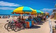  a bunch of bikes parked under umbrellas on a beach.  generative ai