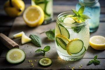 Wall Mural - In the hot weather, make a fresh detox drink with cucumber and lemon slices and mint. Summertime cocktail. Idea for a healthy diet. Generative AI