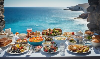 Wall Mural -  a table with a lot of food on it near the water and a cliff side with a blue ocean in the background and a blue sky.  generative ai