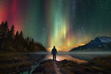 Silhouette Of A Man Watching The Northern Lights Aurora Borealis