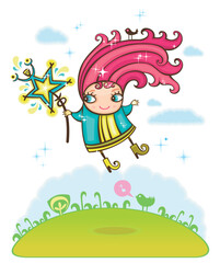 Sticker - Cute little girl (fairy or princess) is holding a magig wand in a shape of star, flying between day and night.