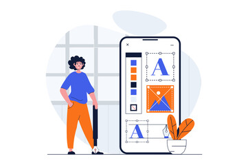 Fototapete - App development web concept with character scene. Man placing element and working with tools for mobile app. People situation in flat design. Illustration for social media marketing material.