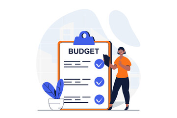 Aufkleber - Business planning web concept with character scene. Businesswoman makes tasks list, optimizes company budget. People situation in flat design. Illustration for social media marketing material.
