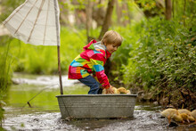 Cute Child, Boy In Colorful Jacket, Playing With Boat And Ducks On A Little River, Sailing And Boating. Kid Having Fun, Childhood Concept