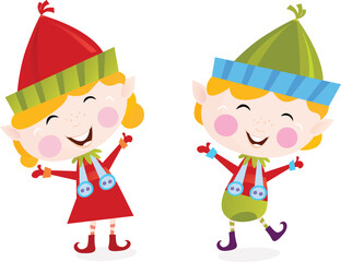 Poster - Cute small elves in christmas costumes. Vector cartoon illustration.