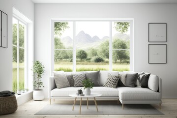 Poster - White living room with sofa and window view of summer landscape. Interior design in the Nordic style. Generative AI