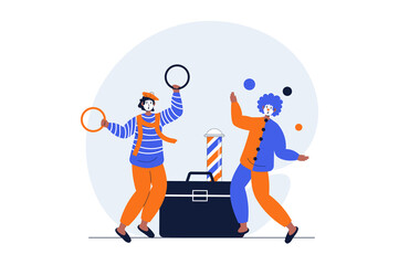 Poster - Circus web concept with character scene. Clowns perform entertainment, juggle and show tricks on concert. People situation in flat design. Illustration for social media marketing material.