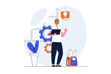 Poster - Construction engineer web concept with character scene. Man generates ideas and creating building blueprint. People situation in flat design. Illustration for social media marketing material.