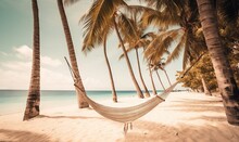  A Hammock Hanging Between Two Palm Trees On A Beach.  Generative Ai